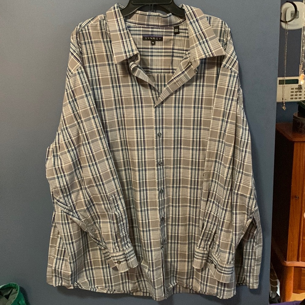 Grey and blue plaid button up